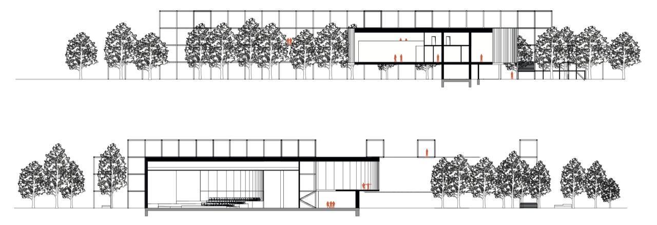 Long section through the hall and the hedge
