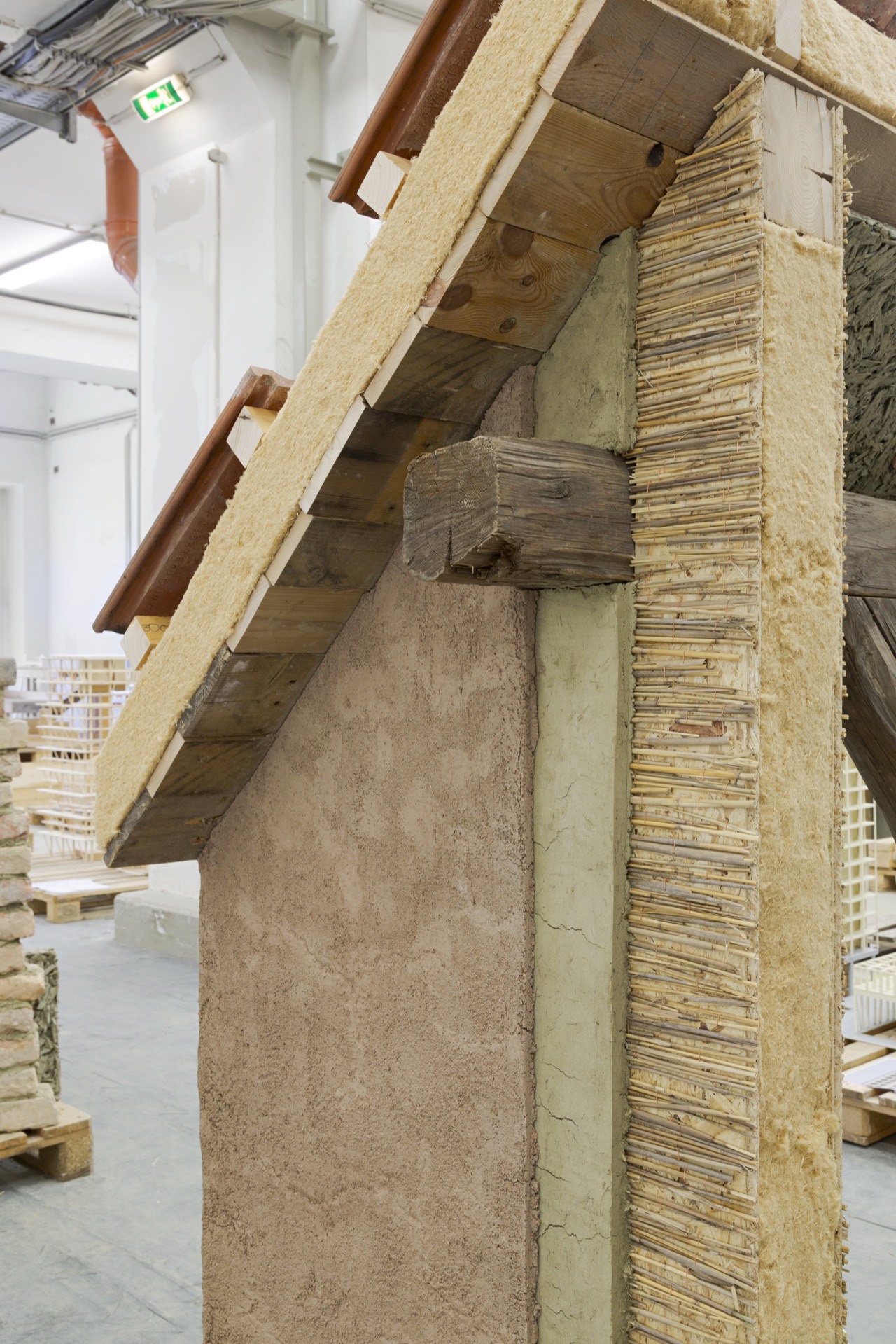 Close-up of the eave junction, reed thatch, wood-wool insulation, plaster and timber beam meeting
